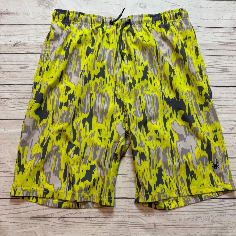 SPYDER Swim Shorts Suit Trunks Black Yellow Geometric Boys Size XL Men's Size S